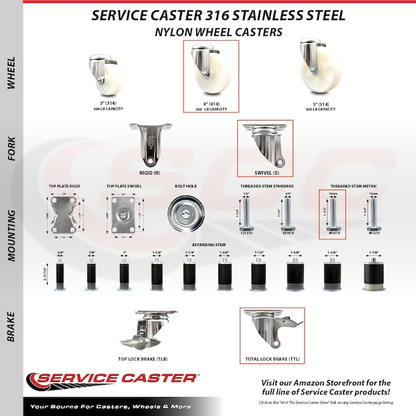 Service Caster 4 Inch 316SS Nylon Swivel 10mm Threaded Stem Caster Total Lock Brake SCC SCC-SS316TSTTL20S414-NYS-M1015 - main